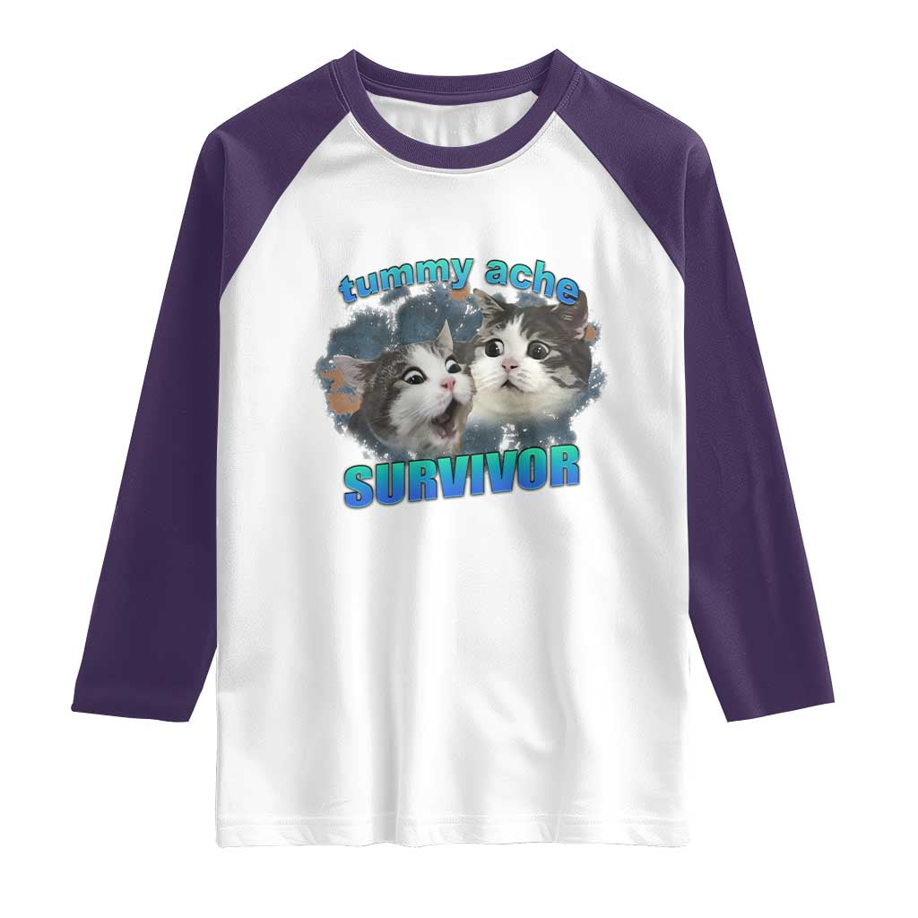 Tummy Ache Survivor Raglan Shirt Funny Cat Meme For Cat Lover TS12 White Purple Print Your Wear