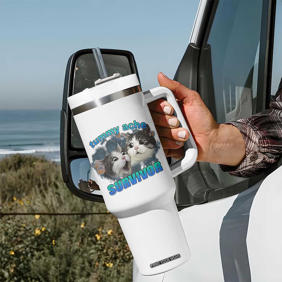 Tummy Ache Survivor Tumbler With Handle Funny Cat Meme For Cat Lover TS12 Print Your Wear