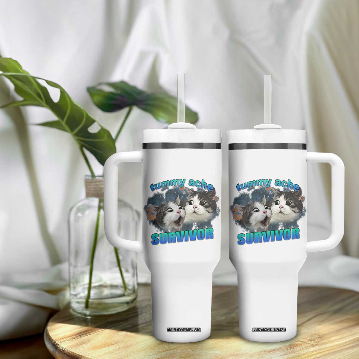 Tummy Ache Survivor Tumbler With Handle Funny Cat Meme For Cat Lover TS12 Print Your Wear