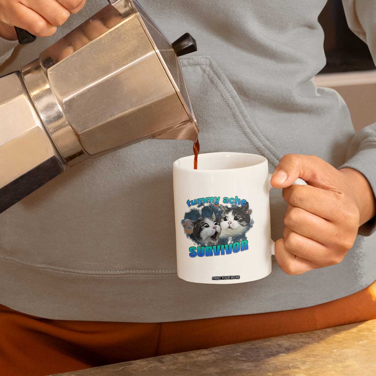Tummy Ache Survivor Coffee Mug Funny Cat Meme For Cat Lover TS12 Print Your Wear
