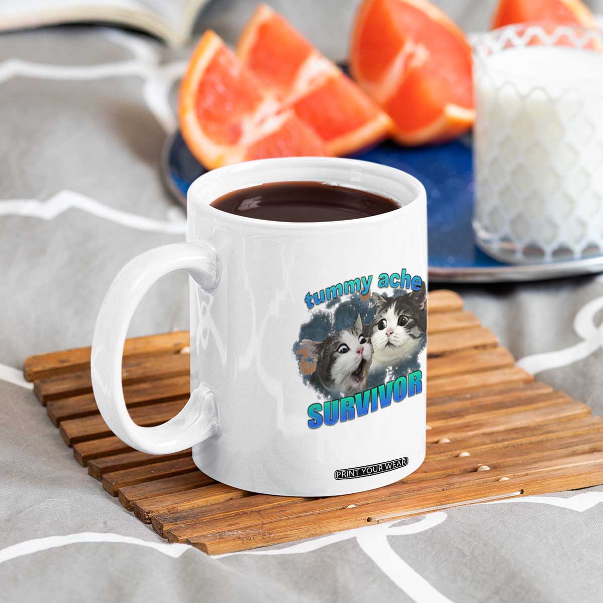 Tummy Ache Survivor Coffee Mug Funny Cat Meme For Cat Lover TS12 Print Your Wear