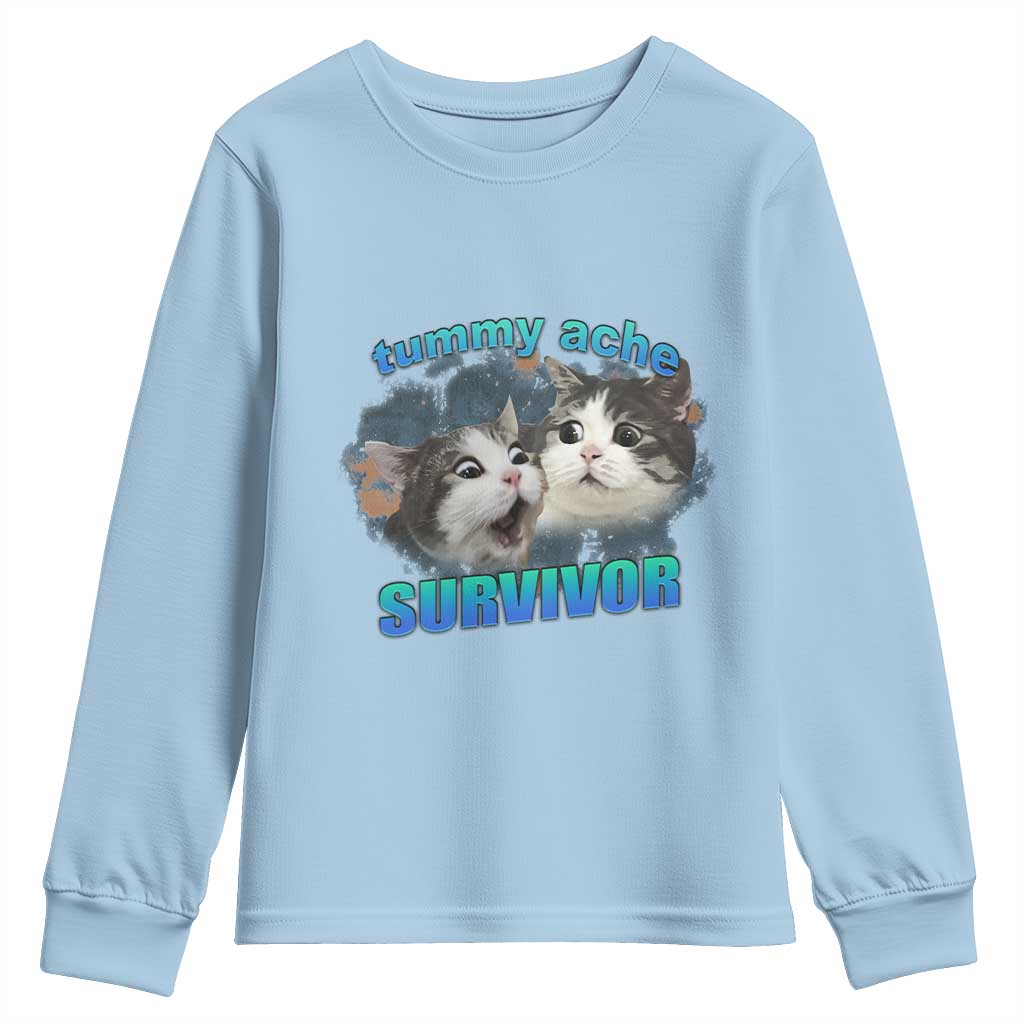 Tummy Ache Survivor Youth Sweatshirt Funny Cat Meme For Cat Lover TS12 Light Blue Print Your Wear
