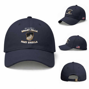 Funny Cat Farts Meme Baseball Cap You're Either A Smart Fella Or A Fart Smella TS12 Baseball Cap Universal Fit Navy Print Your Wear