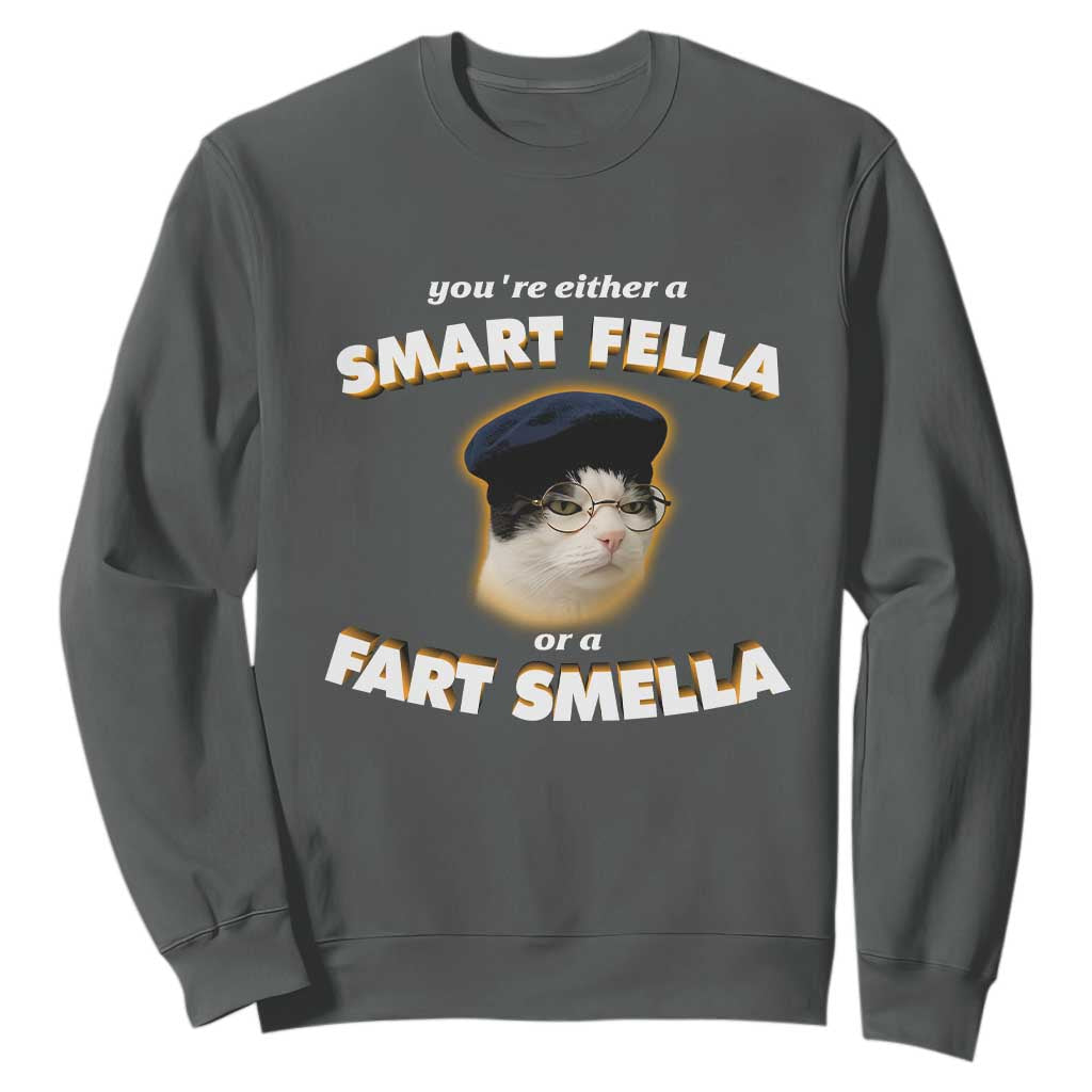 Funny Cat Farts Meme Sweatshirt You're Either A Smart Fella Or A Fart Smella TS12 Dark Heather Print Your Wear