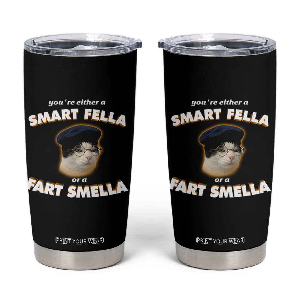 Funny Cat Farts Meme Tumbler Cup You're Either A Smart Fella Or A Fart Smella TS12 Black Print Your Wear