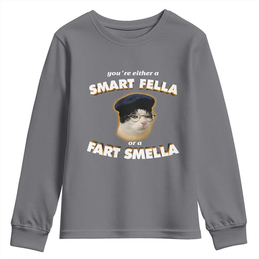 Funny Cat Farts Meme Youth Sweatshirt You're Either A Smart Fella Or A Fart Smella TS12 Charcoal Print Your Wear