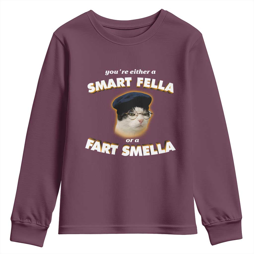 Funny Cat Farts Meme Youth Sweatshirt You're Either A Smart Fella Or A Fart Smella TS12 Maroon Print Your Wear
