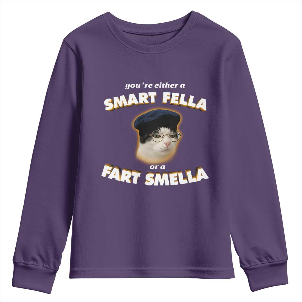 Funny Cat Farts Meme Youth Sweatshirt You're Either A Smart Fella Or A Fart Smella TS12 Purple Print Your Wear