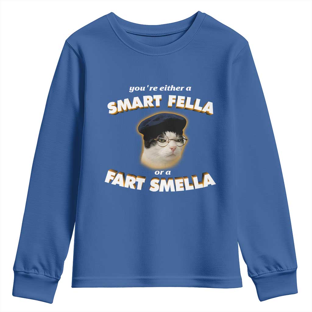 Funny Cat Farts Meme Youth Sweatshirt You're Either A Smart Fella Or A Fart Smella TS12 Royal Blue Print Your Wear