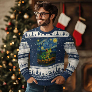 Funny Frog Ugly Christmas Sweater Van Gogh Style Starry Night TS12 Navy Beige Print Your Wear