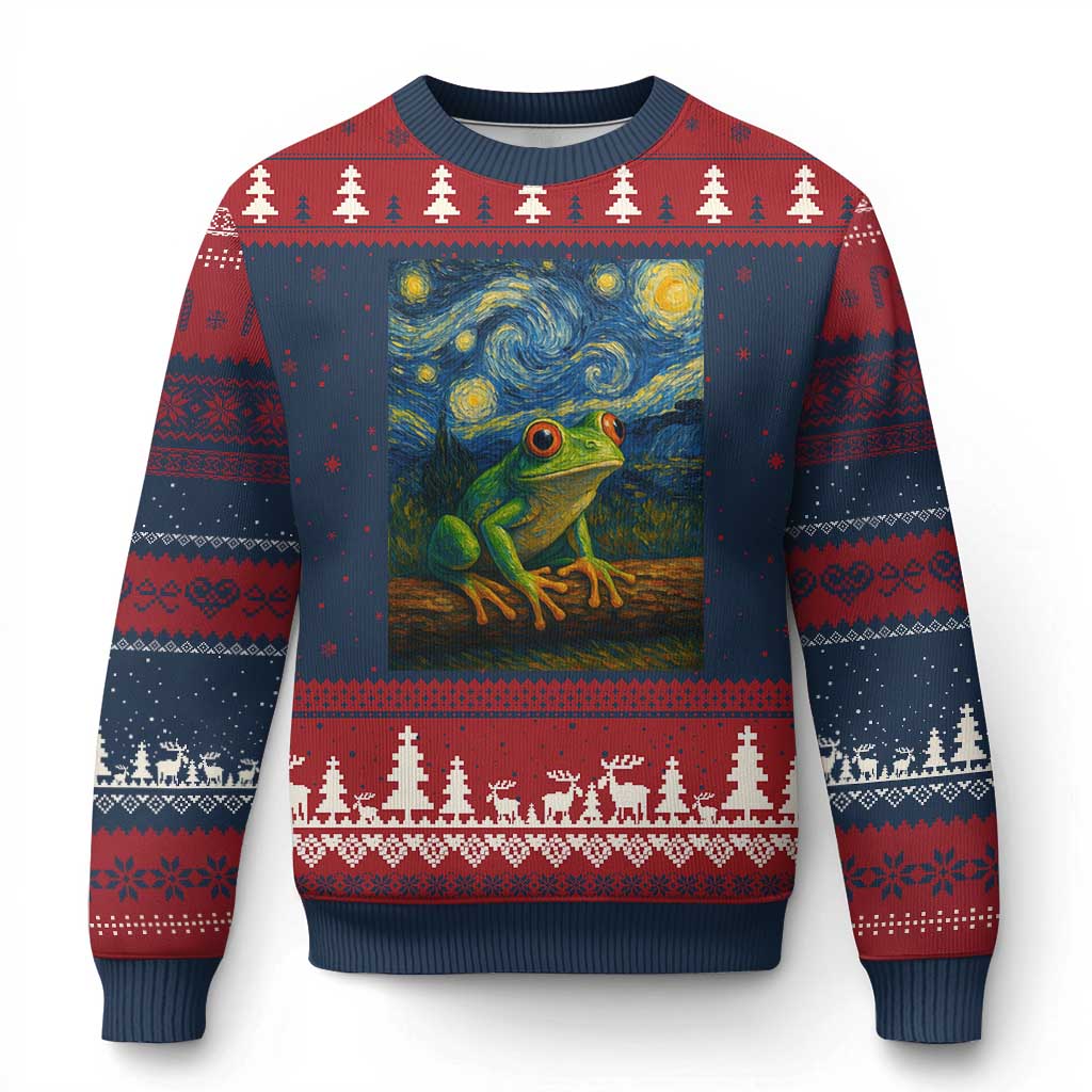 Funny Frog Ugly Christmas Sweater Van Gogh Style Starry Night TS12 Navy Red Print Your Wear