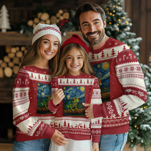Funny Frog Ugly Christmas Sweater Van Gogh Style Starry Night TS12 Red Beige Print Your Wear