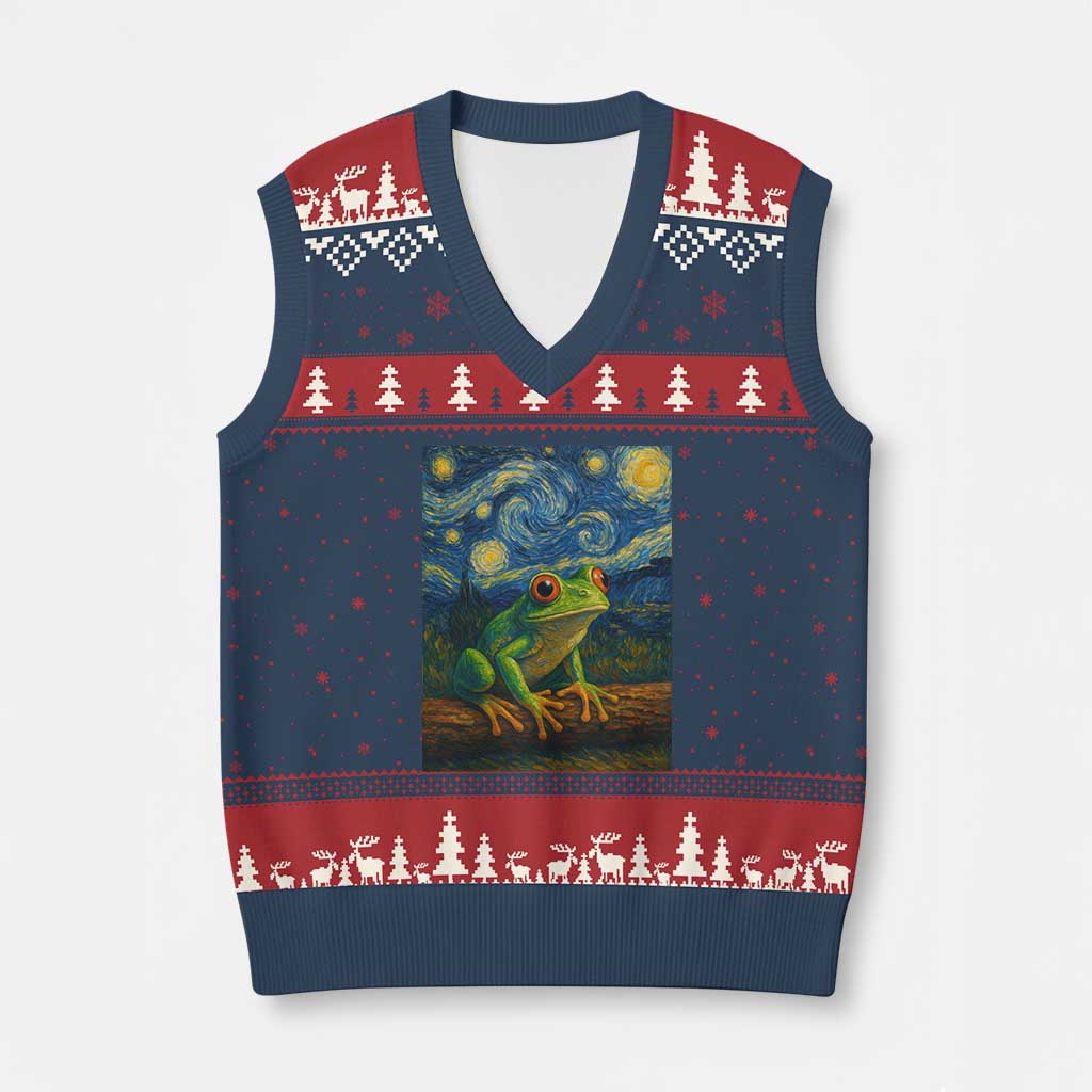 Funny Frog V-Neck Knit Sweater Vest Van Gogh Style Starry Night TS12 Navy Red Print Your Wear