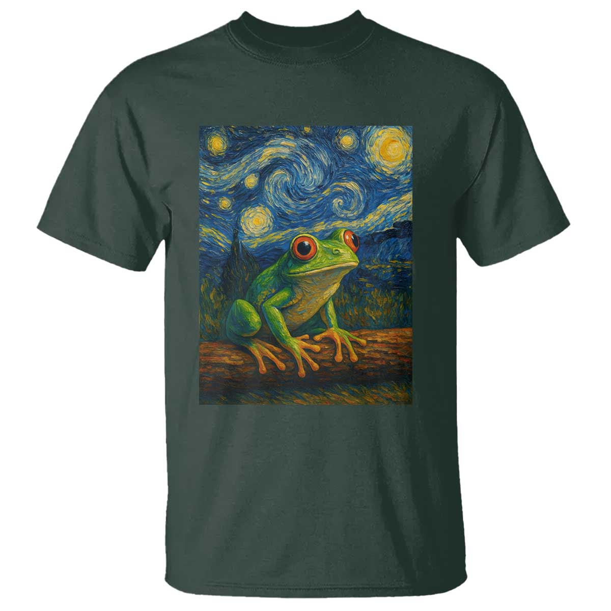 Funny Frog T Shirt Van Gogh Style Starry Night TS12 Dark Forest Green Print Your Wear