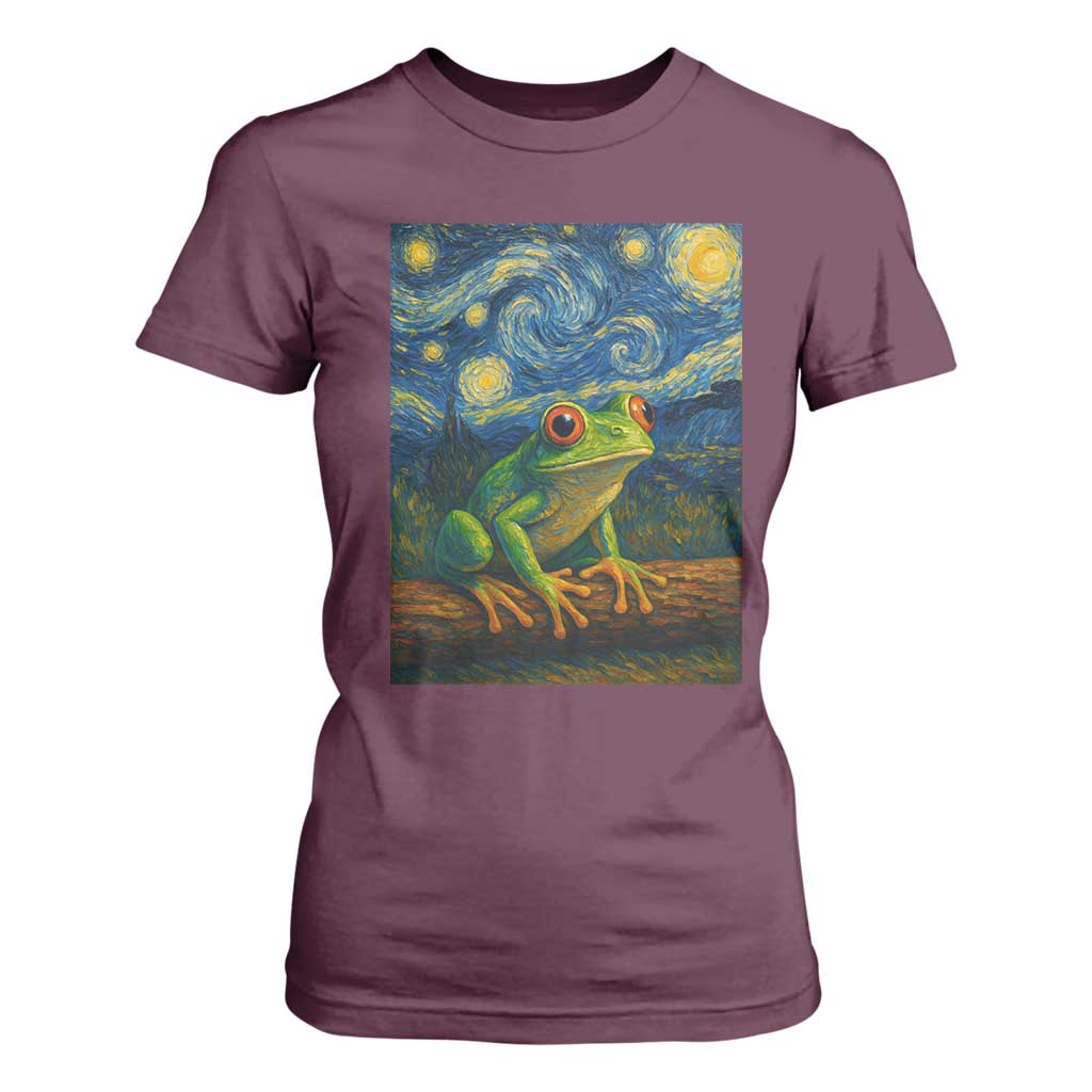 Funny Frog T Shirt For Women Van Gogh Style Starry Night TS12 Maroon Print Your Wear
