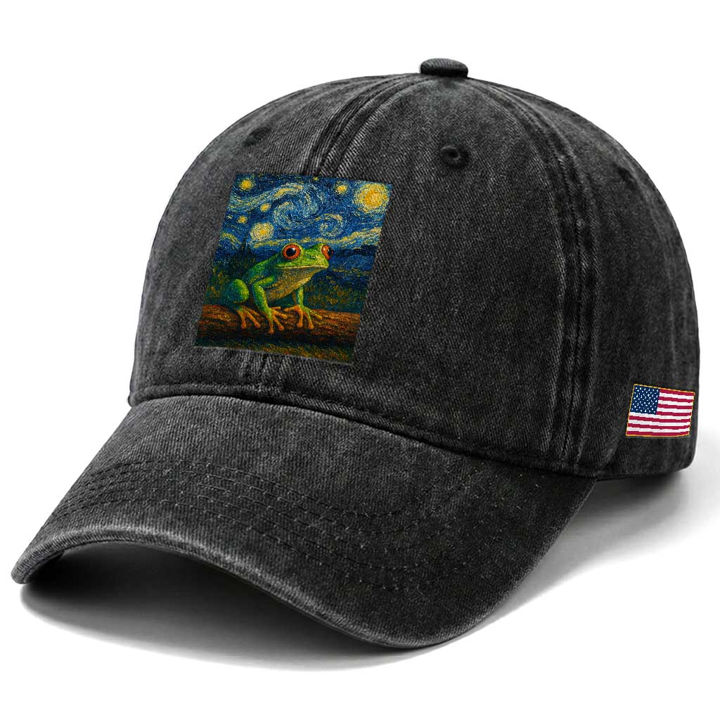 Funny Frog Washed Cotton Baseball Cap Van Gogh Style Starry Night TS12 Print Your Wear