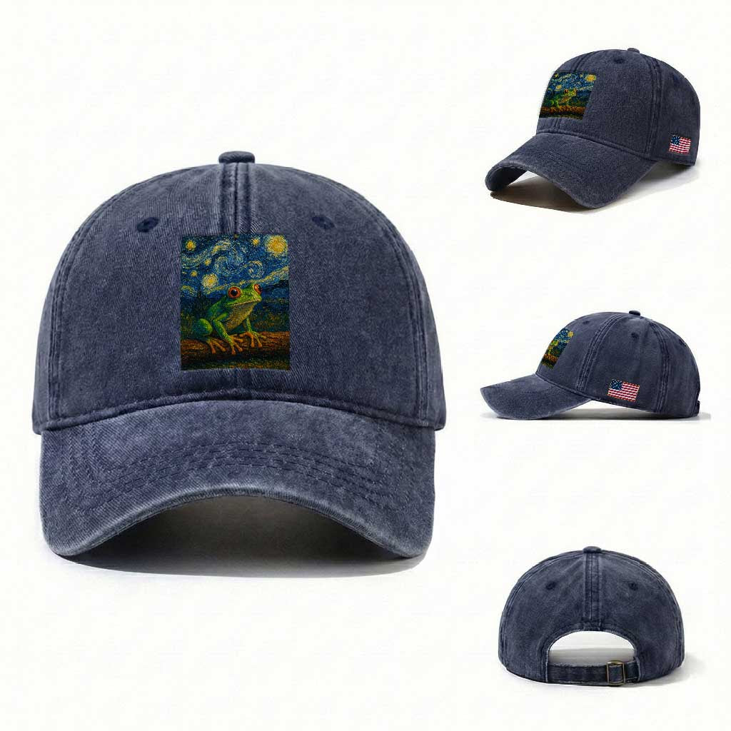 Funny Frog Washed Cotton Baseball Cap Van Gogh Style Starry Night TS12 Washed Cap Universal Fit Navy Print Your Wear