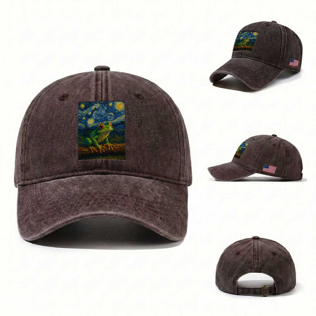 Funny Frog Washed Cotton Baseball Cap Van Gogh Style Starry Night TS12 Washed Cap Universal Fit Dark Brown Print Your Wear