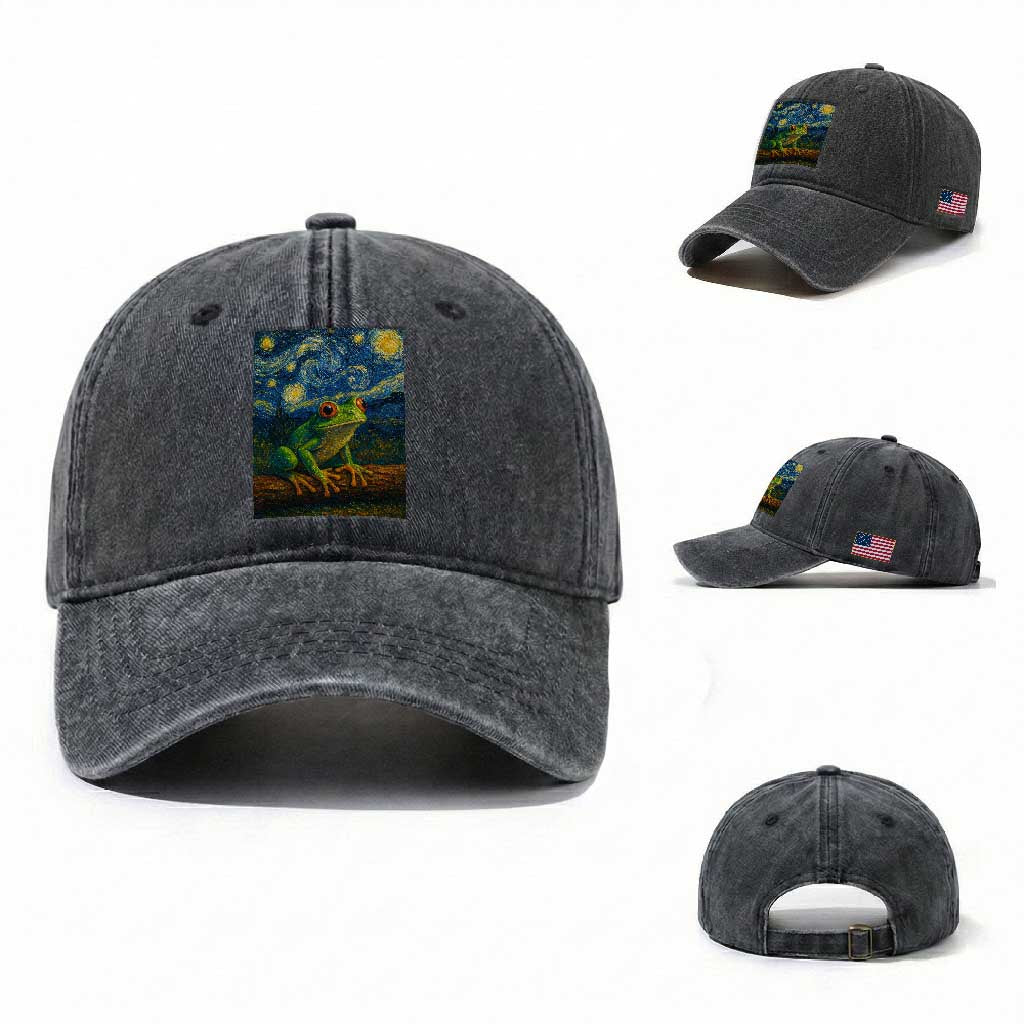 Funny Frog Washed Cotton Baseball Cap Van Gogh Style Starry Night TS12 Washed Cap Universal Fit Dark Gray Print Your Wear
