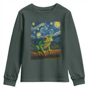 Funny Frog Youth Sweatshirt Van Gogh Style Starry Night TS12 Dark Forest Green Print Your Wear