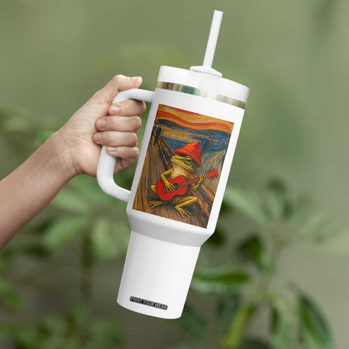Funny Frog Tumbler With Handle Playing Guitar Van Gogh Starry Night Art Parody TS12 Print Your Wear