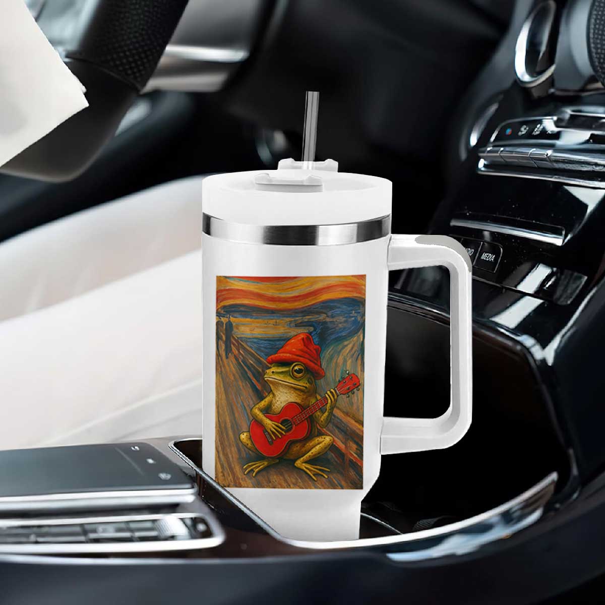 Funny Frog Tumbler With Handle Playing Guitar Van Gogh Starry Night Art Parody TS12 Print Your Wear