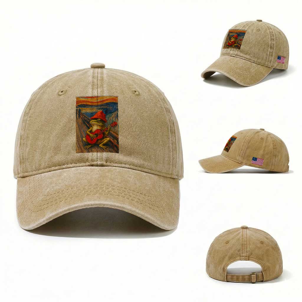 Funny Frog Washed Cotton Baseball Cap Playing Guitar Van Gogh Starry Night Art Parody TS12 Washed Cap Universal Fit Khaki Print Your Wear