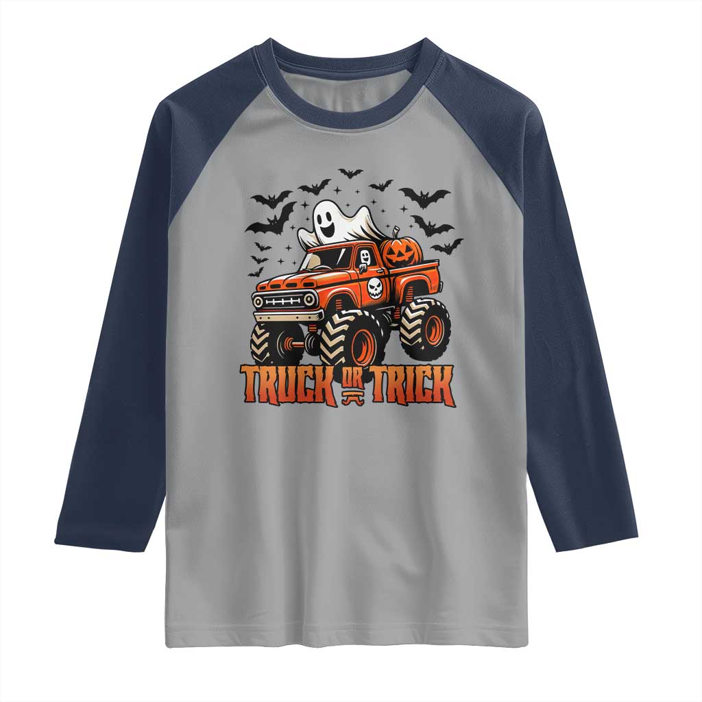 Truck Or Treat Ghost Racing Raglan Shirt Funny Halloween Monster Truck Lover TS12 Sport Gray Navy Print Your Wear