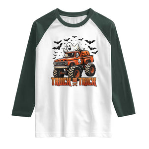 Truck Or Treat Ghost Racing Raglan Shirt Funny Halloween Monster Truck Lover TS12 White Dark Forest Green Print Your Wear