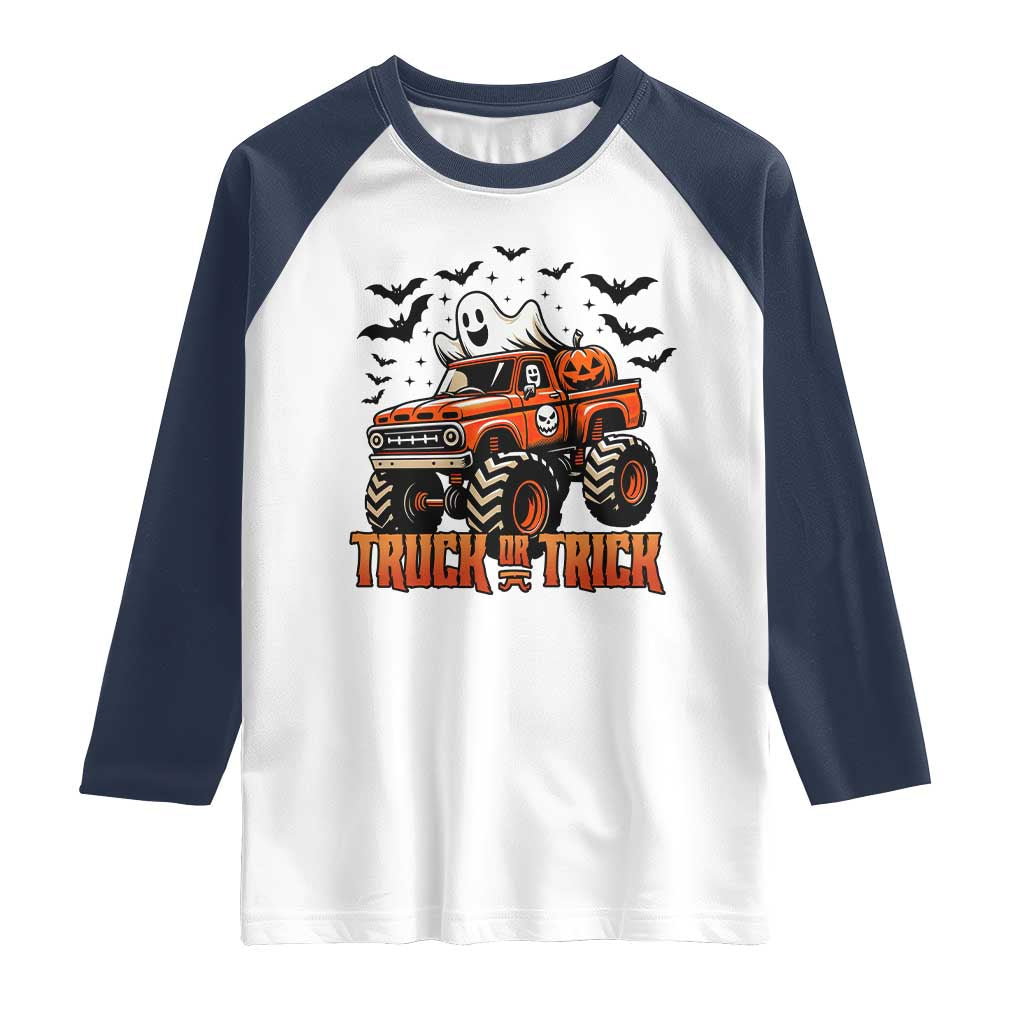 Truck Or Treat Ghost Racing Raglan Shirt Funny Halloween Monster Truck Lover TS12 White Navy Print Your Wear