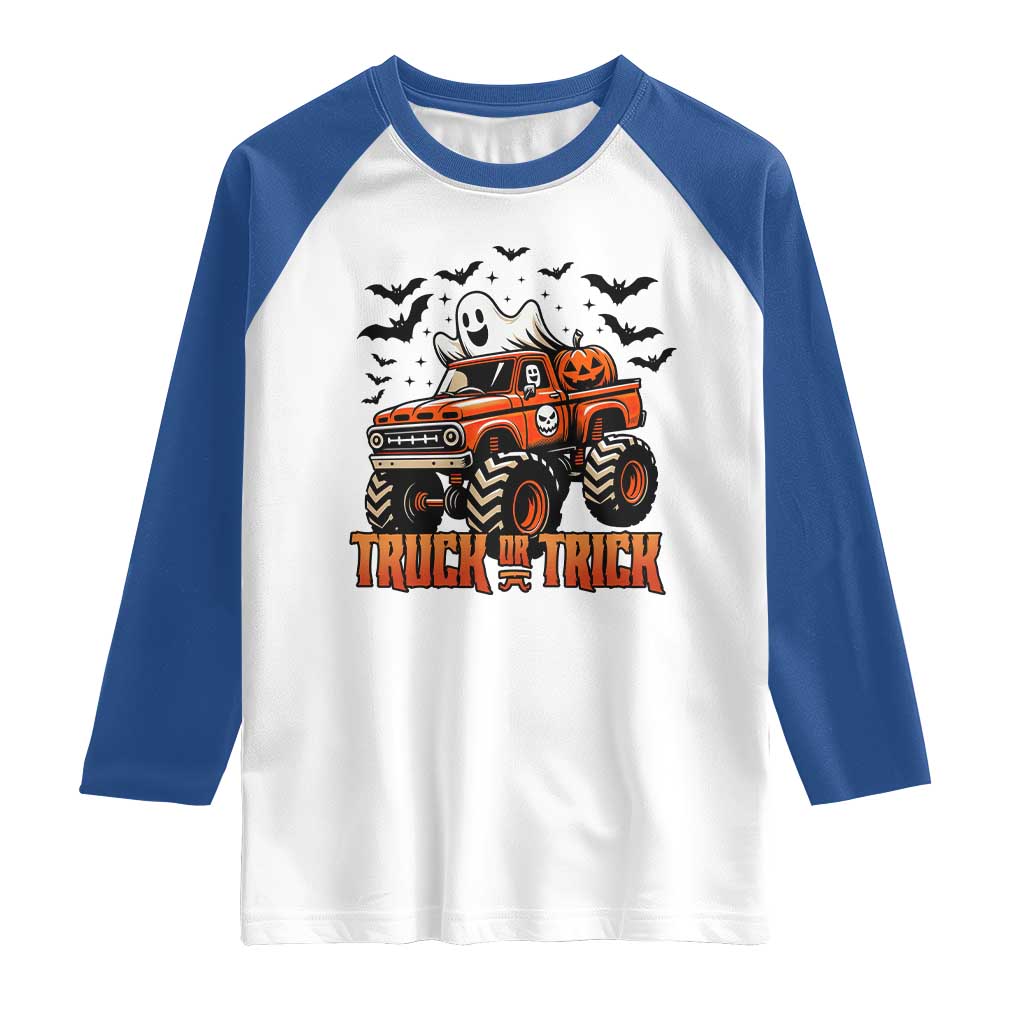 Truck Or Treat Ghost Racing Raglan Shirt Funny Halloween Monster Truck Lover TS12 White Royal Print Your Wear