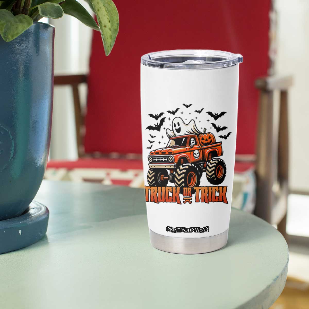 Truck Or Treat Ghost Racing Tumbler Cup Funny Halloween Monster Truck Lover TS12 Print Your Wear