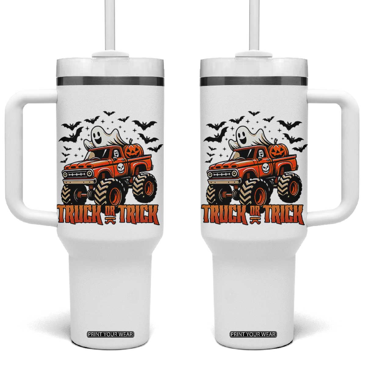 Truck Or Treat Ghost Racing Tumbler With Handle Funny Halloween Monster Truck Lover TS12 One Size: 40 oz White Print Your Wear