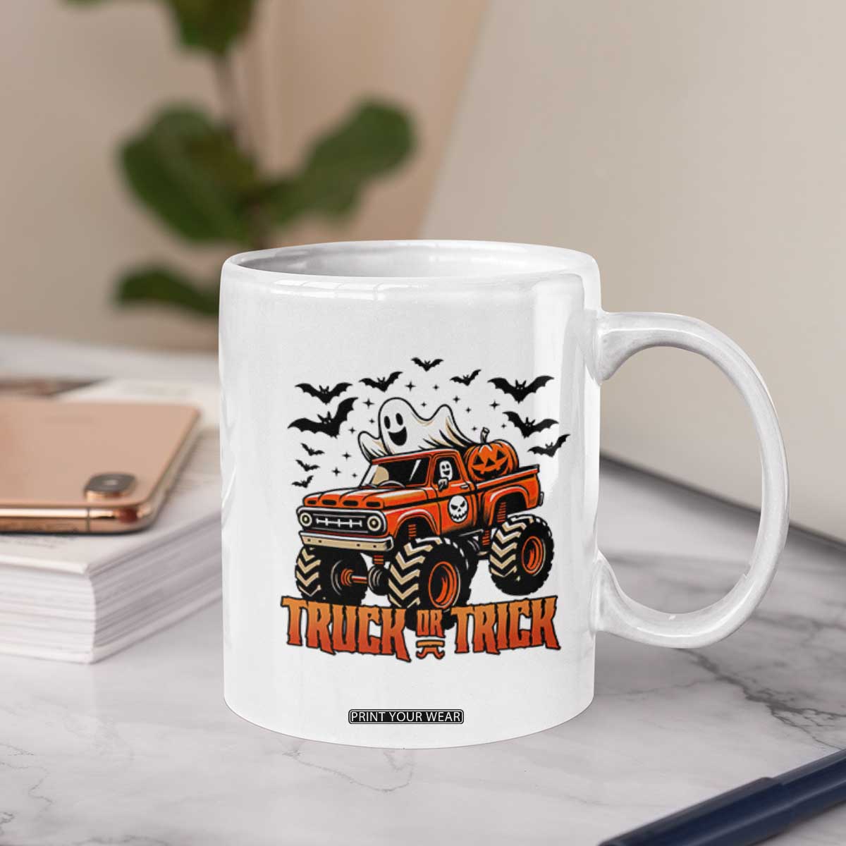 Truck Or Treat Ghost Racing Coffee Mug Funny Halloween Monster Truck Lover TS12 Print Your Wear