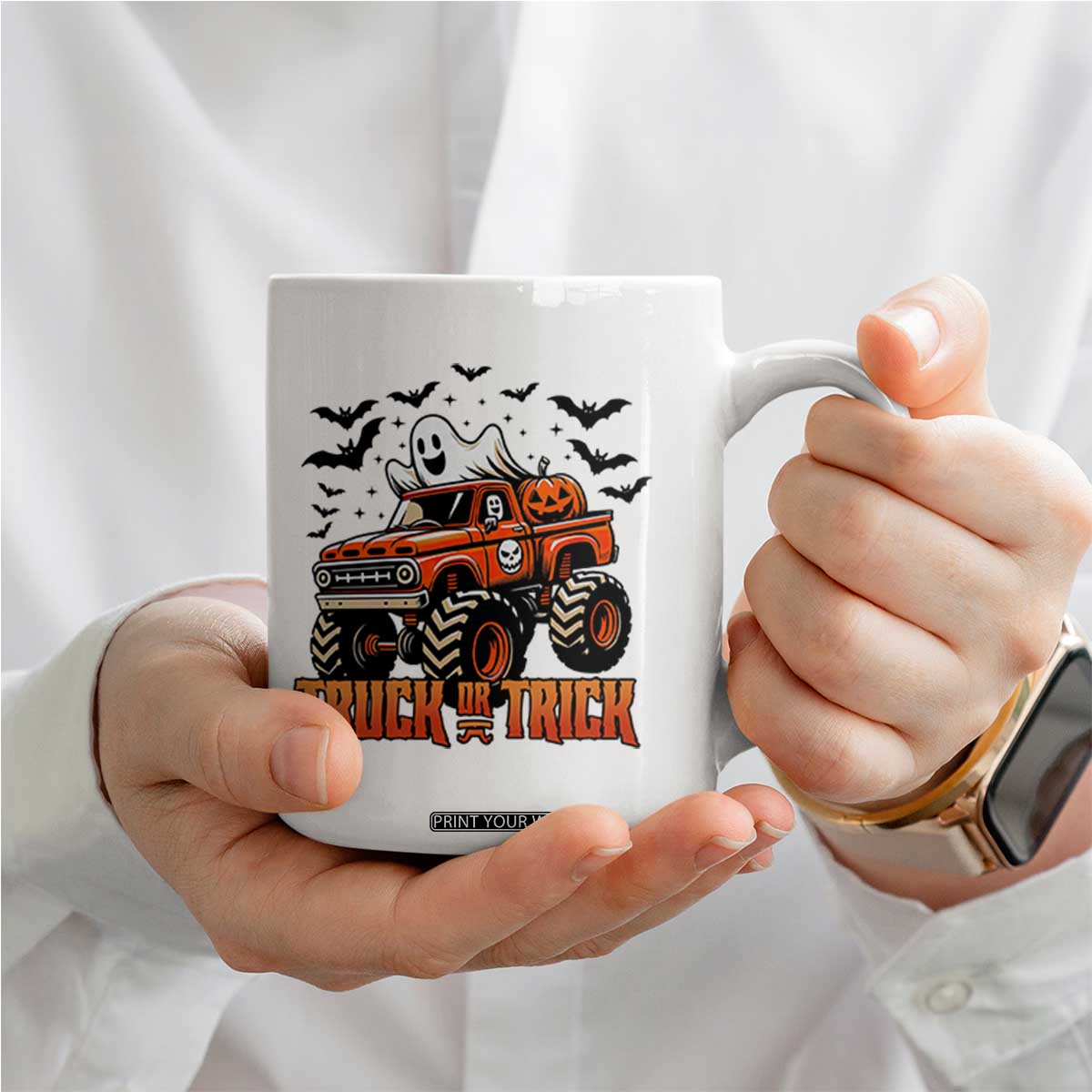 Truck Or Treat Ghost Racing Coffee Mug Funny Halloween Monster Truck Lover TS12 Print Your Wear