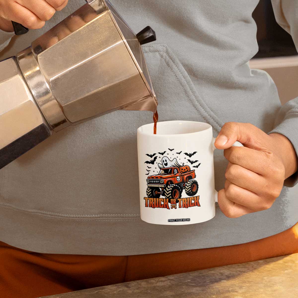 Truck Or Treat Ghost Racing Coffee Mug Funny Halloween Monster Truck Lover TS12 Print Your Wear
