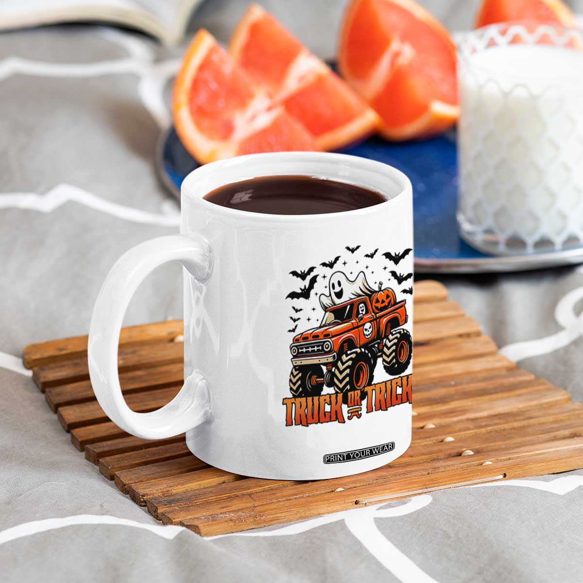 Truck Or Treat Ghost Racing Coffee Mug Funny Halloween Monster Truck Lover TS12 Print Your Wear
