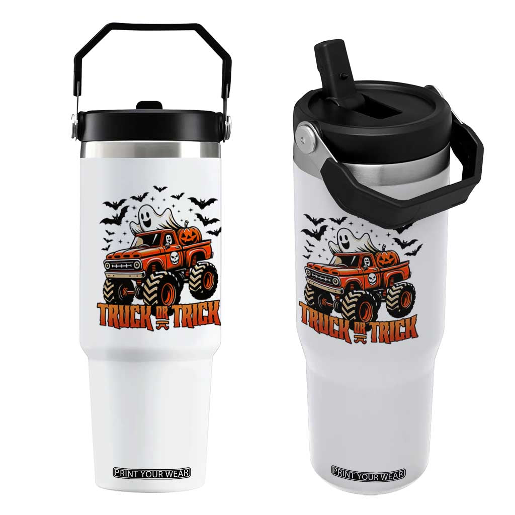 Truck Or Treat Ghost Racing Flip Straw Tumbler Funny Halloween Monster Truck Lover TS12 One Size: 30 oz White Print Your Wear