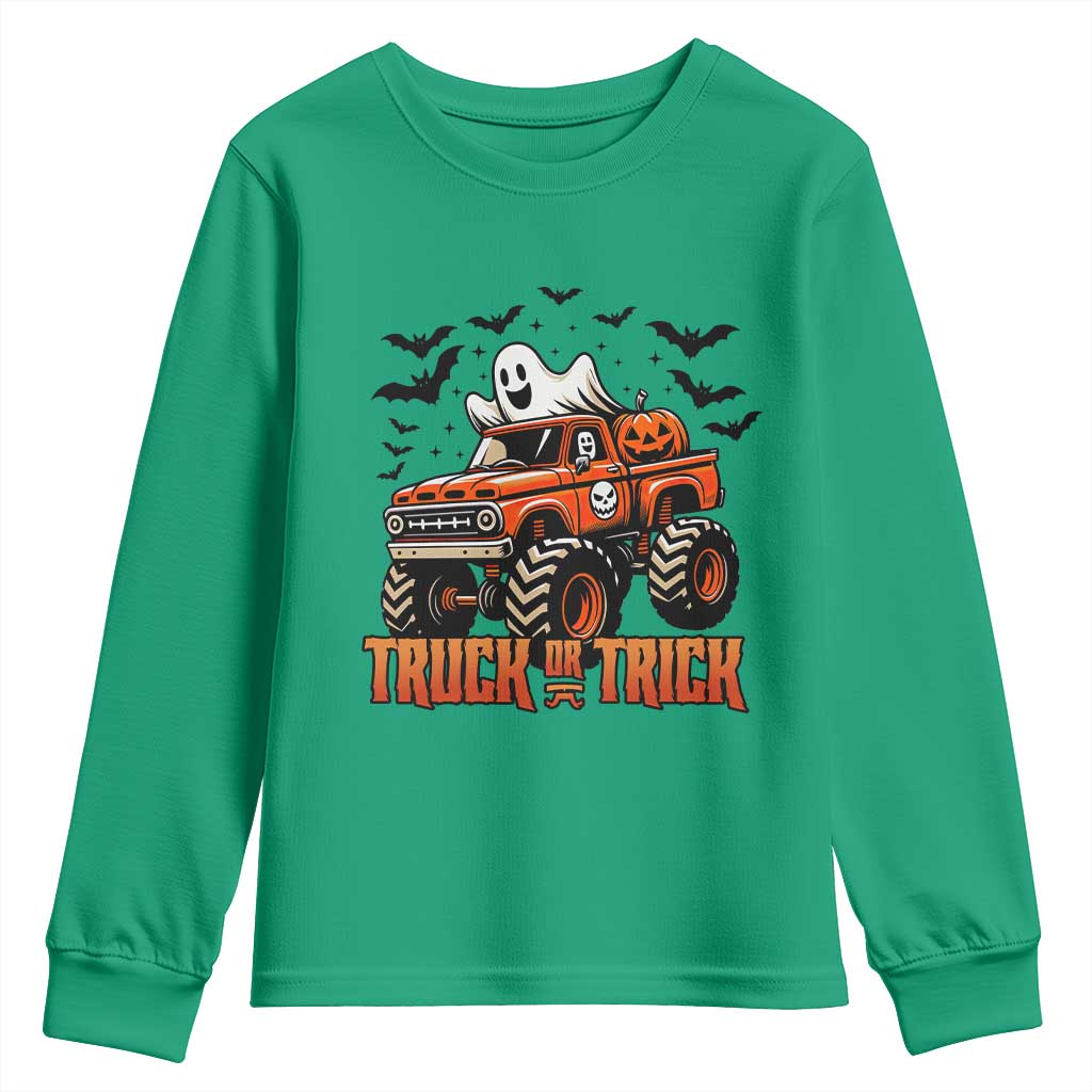 Truck Or Treat Ghost Racing Youth Sweatshirt Funny Halloween Monster Truck Lover TS12 Irish Green Print Your Wear