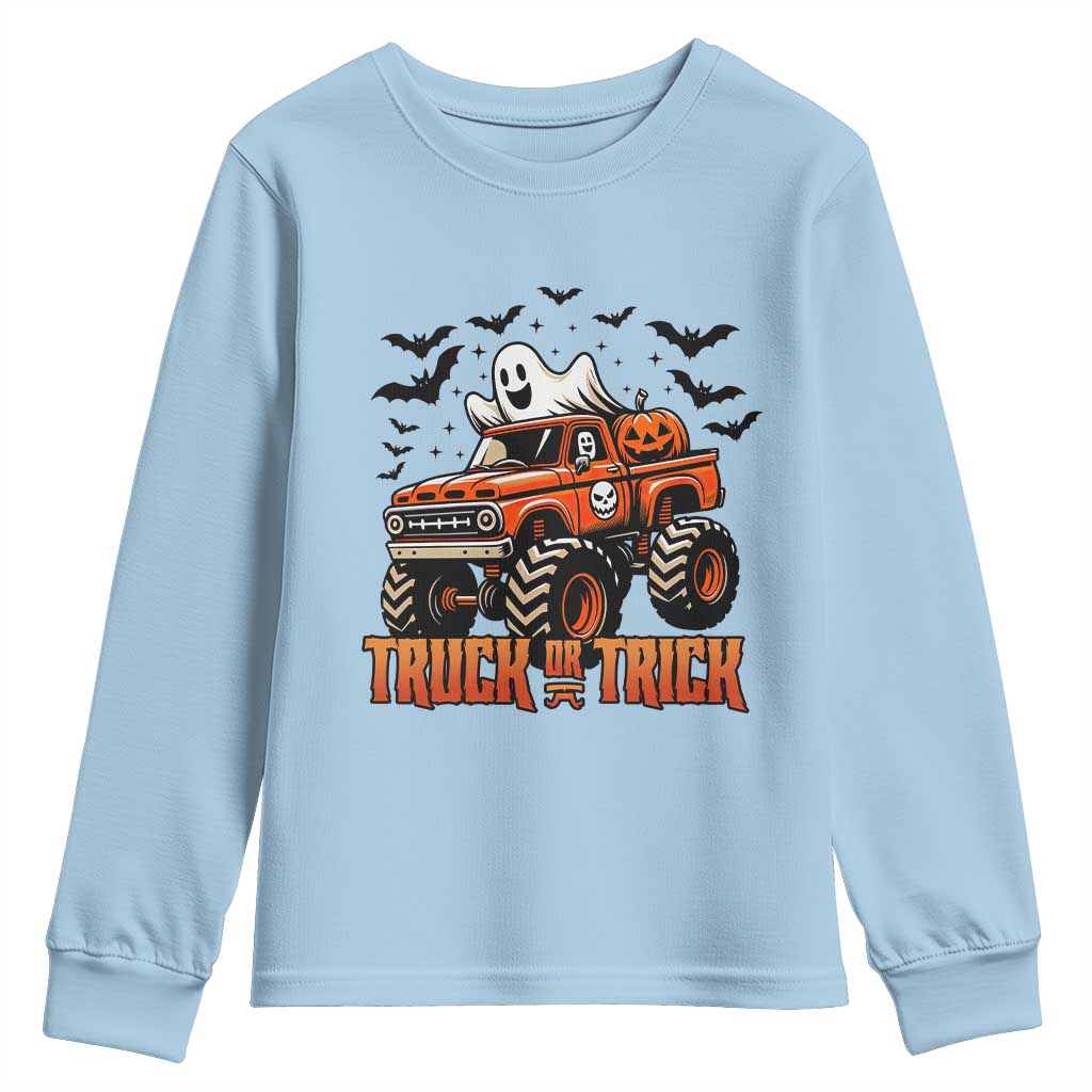 Truck Or Treat Ghost Racing Youth Sweatshirt Funny Halloween Monster Truck Lover TS12 Light Blue Print Your Wear