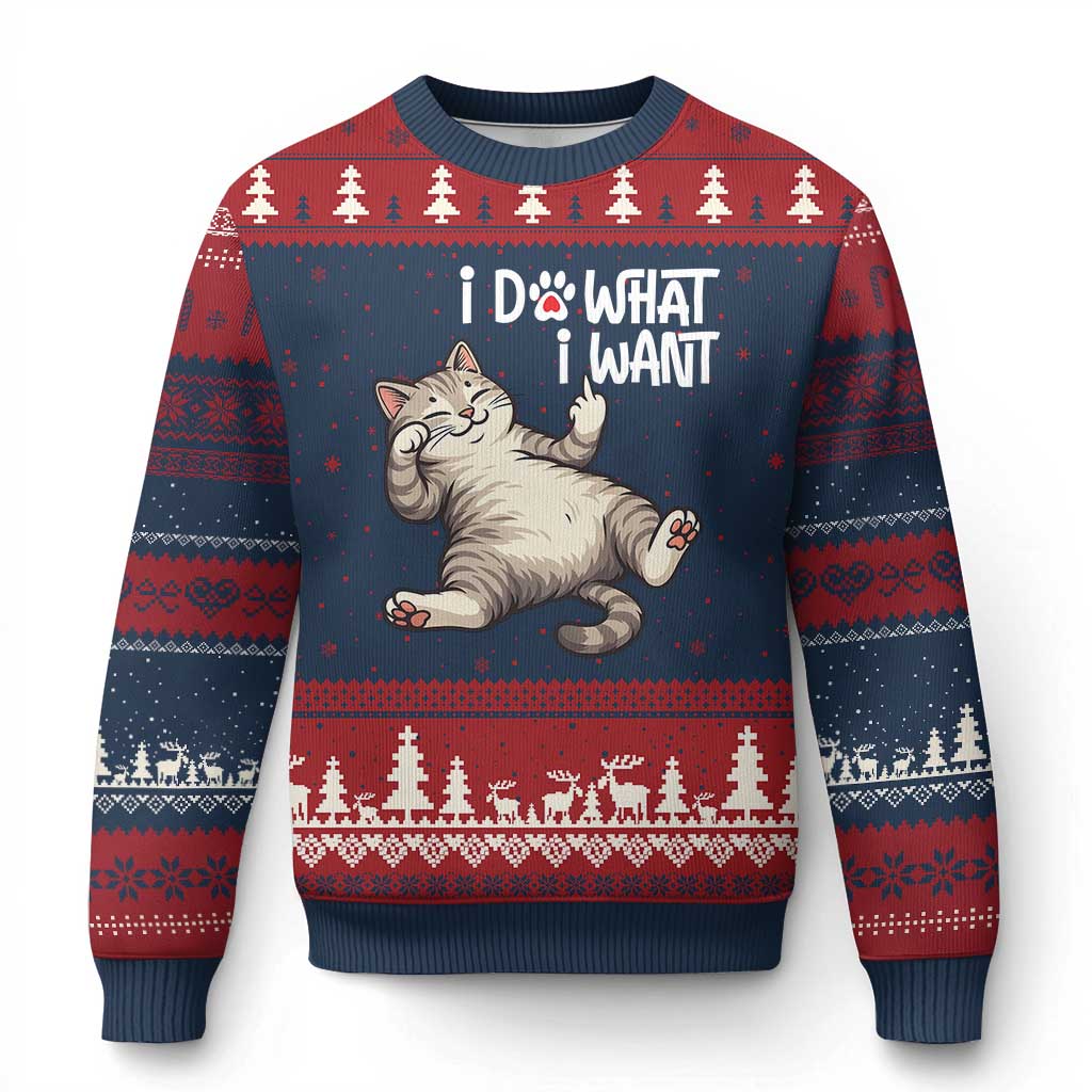 Funny Cat Ugly Christmas Sweater I Do What I Want TS12 Navy Red Print Your Wear