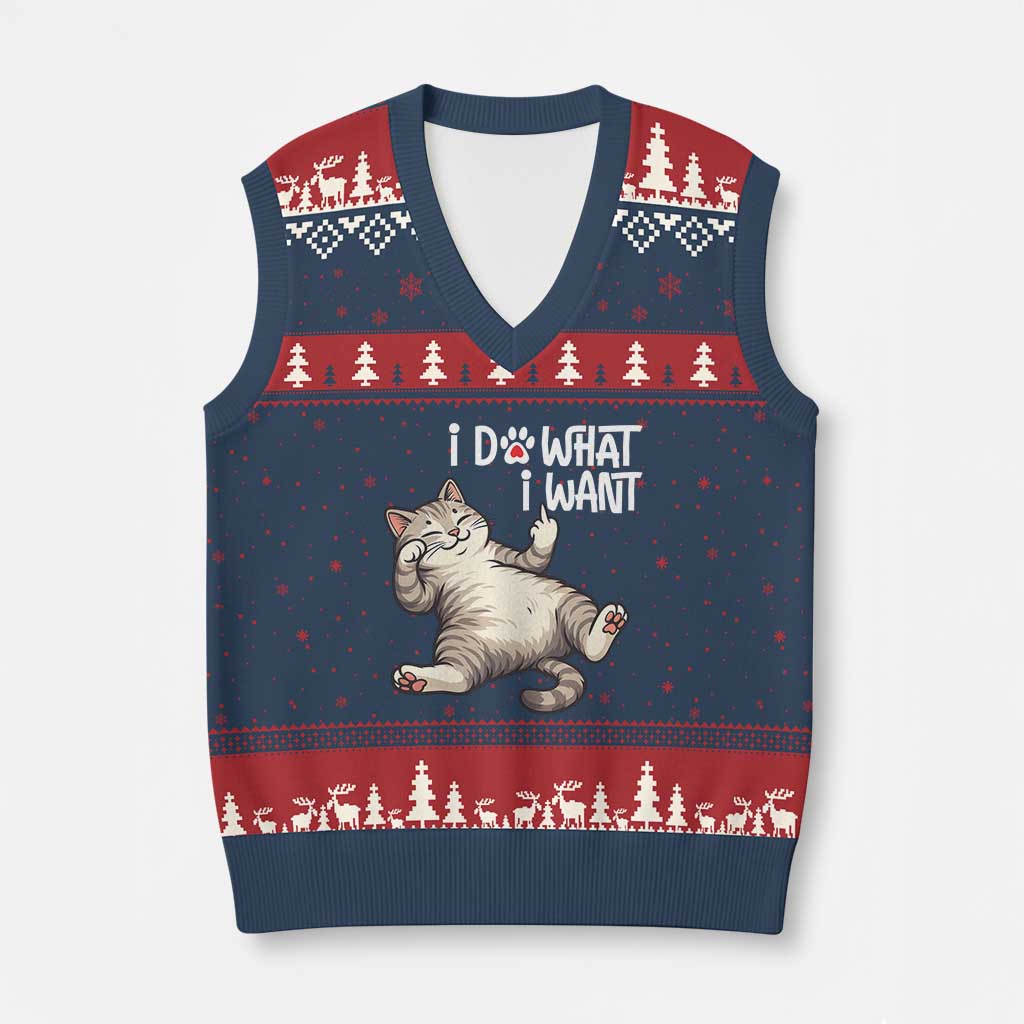 Funny Cat V-Neck Knit Sweater Vest I Do What I Want TS12 Navy Red Print Your Wear