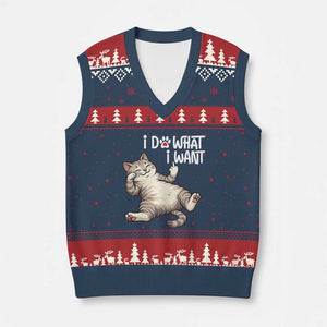 Funny Cat V-Neck Knit Sweater Vest I Do What I Want TS12 Navy Red Print Your Wear
