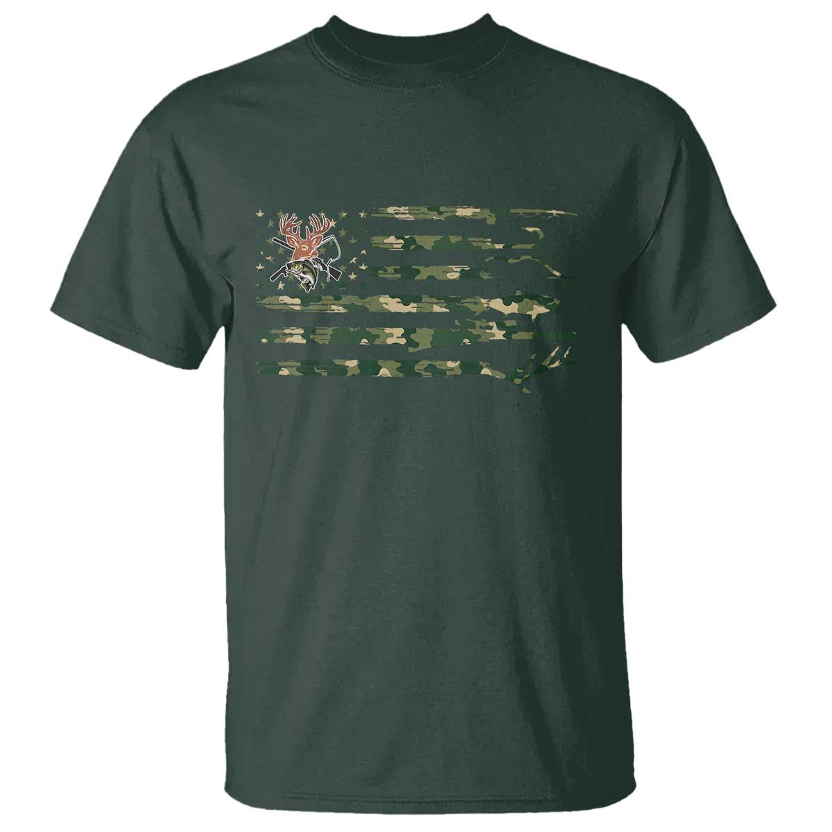Hunting And Fishing Life T Shirt American Flag TS12 Dark Forest Green Print Your Wear