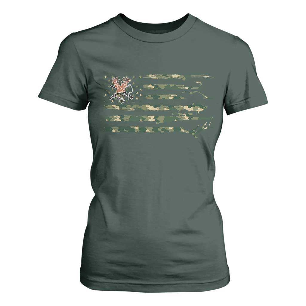 Hunting And Fishing Life T Shirt For Women American Flag TS12 Dark Forest Green Print Your Wear