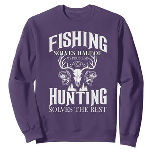 Hunter Fishermen Gifts Sweatshirt Fishing Solves Half Hunting Solves The Rest TS12 Purple Print Your Wear