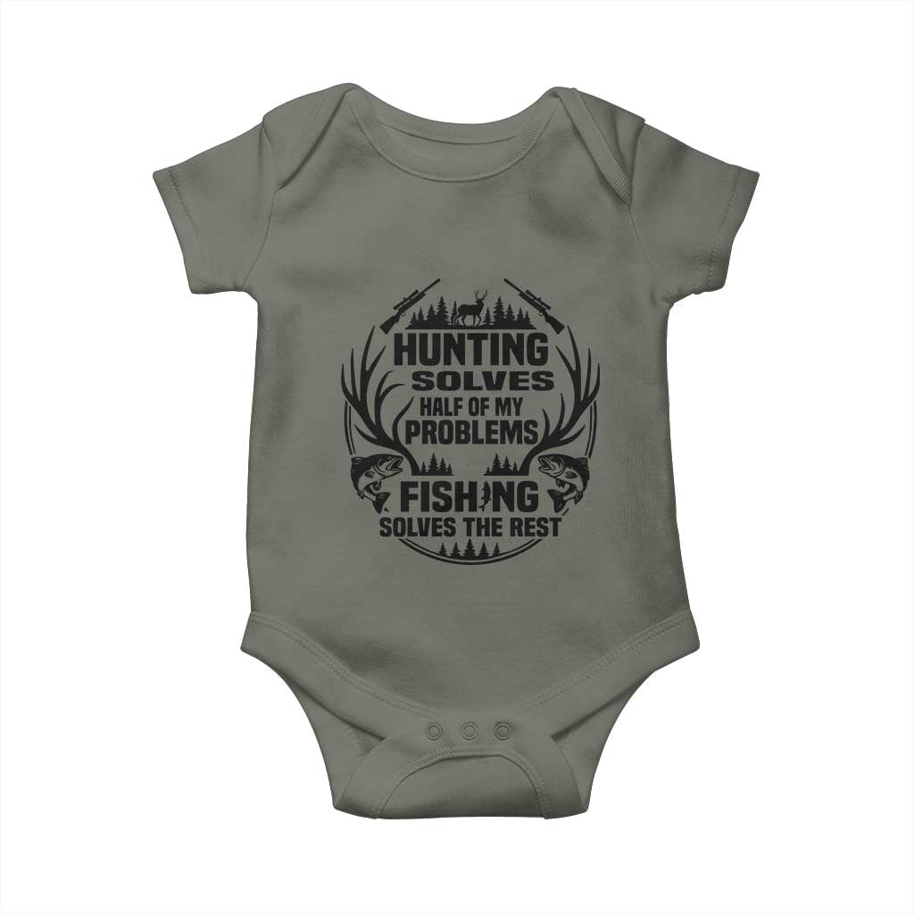Hunter Fishermen Gifts Baby Onesie Fishing And Hunting Solve My Problems TS12 Military Green Print Your Wear