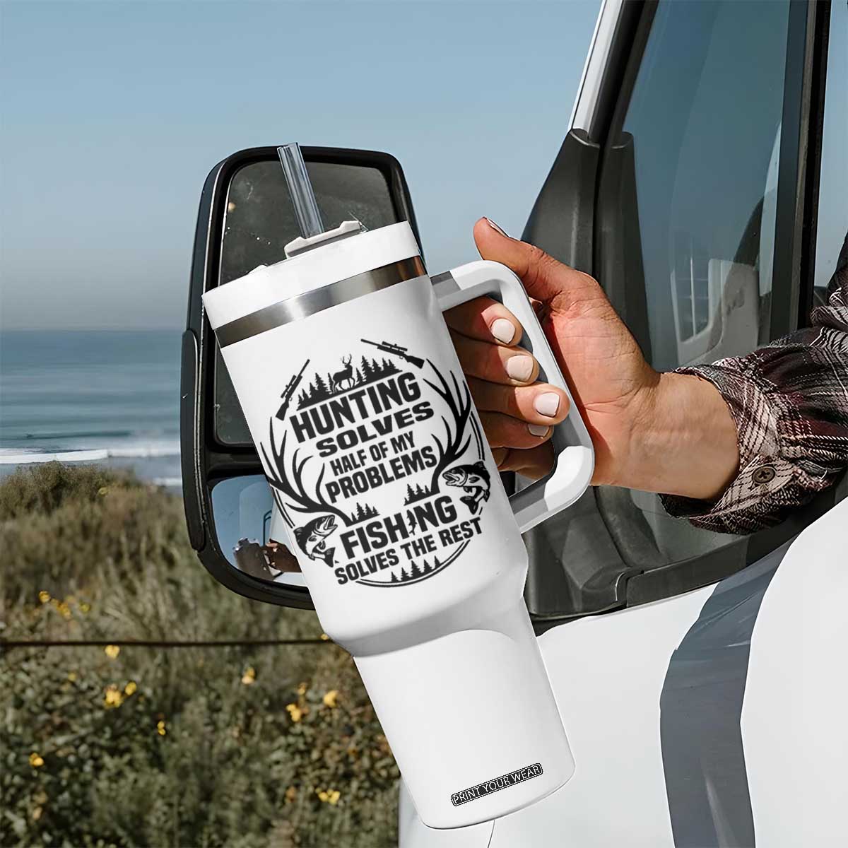 Hunter Fishermen Gifts Tumbler With Handle Fishing And Hunting Solve My Problems TS12 Print Your Wear