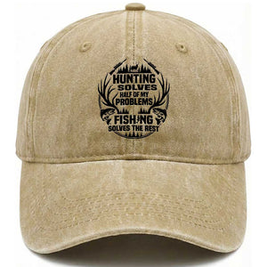 Hunter Fishermen Gifts Washed Cotton Baseball Cap Fishing And Hunting Solve My Problems TS12 Washed Cap Universal Fit Khaki Print Your Wear