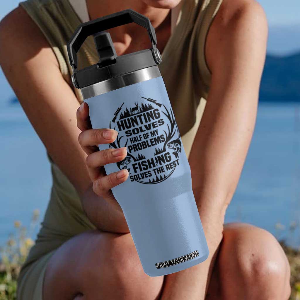Hunter Fishermen Gifts Flip Straw Tumbler Fishing And Hunting Solve My Problems TS12 One Size: 30 oz Light Blue Print Your Wear